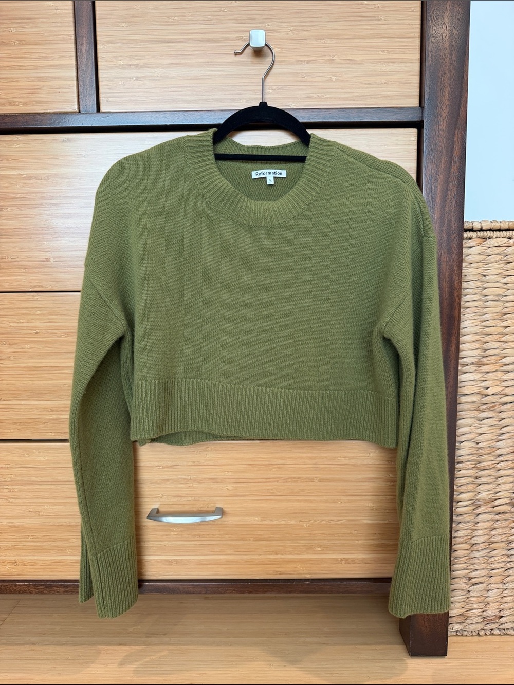 Reformation Olive Green Cropped Crew Sweater